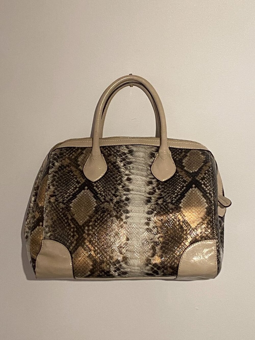 Aldo Beige and Brown Snake-Print Satchel